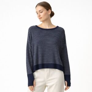 Eileen Fisher Navy Striped Oversized Knit Sweater Thumbholes Size Large